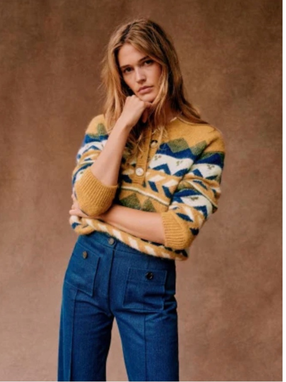 Mustard & Blue Geometric Knit Pullover Sweater
